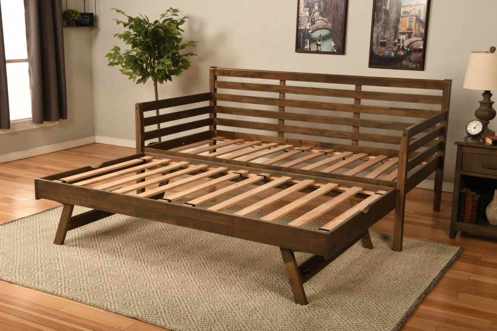 Boho Daybed With Pop Up and Linen Aqua Mattresses, Rustic Walnut