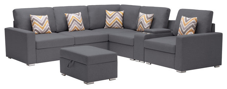 Nolan Gray Linen 7Pc Reversible Sectional Sofa, Storage Console Table, 89425-17B