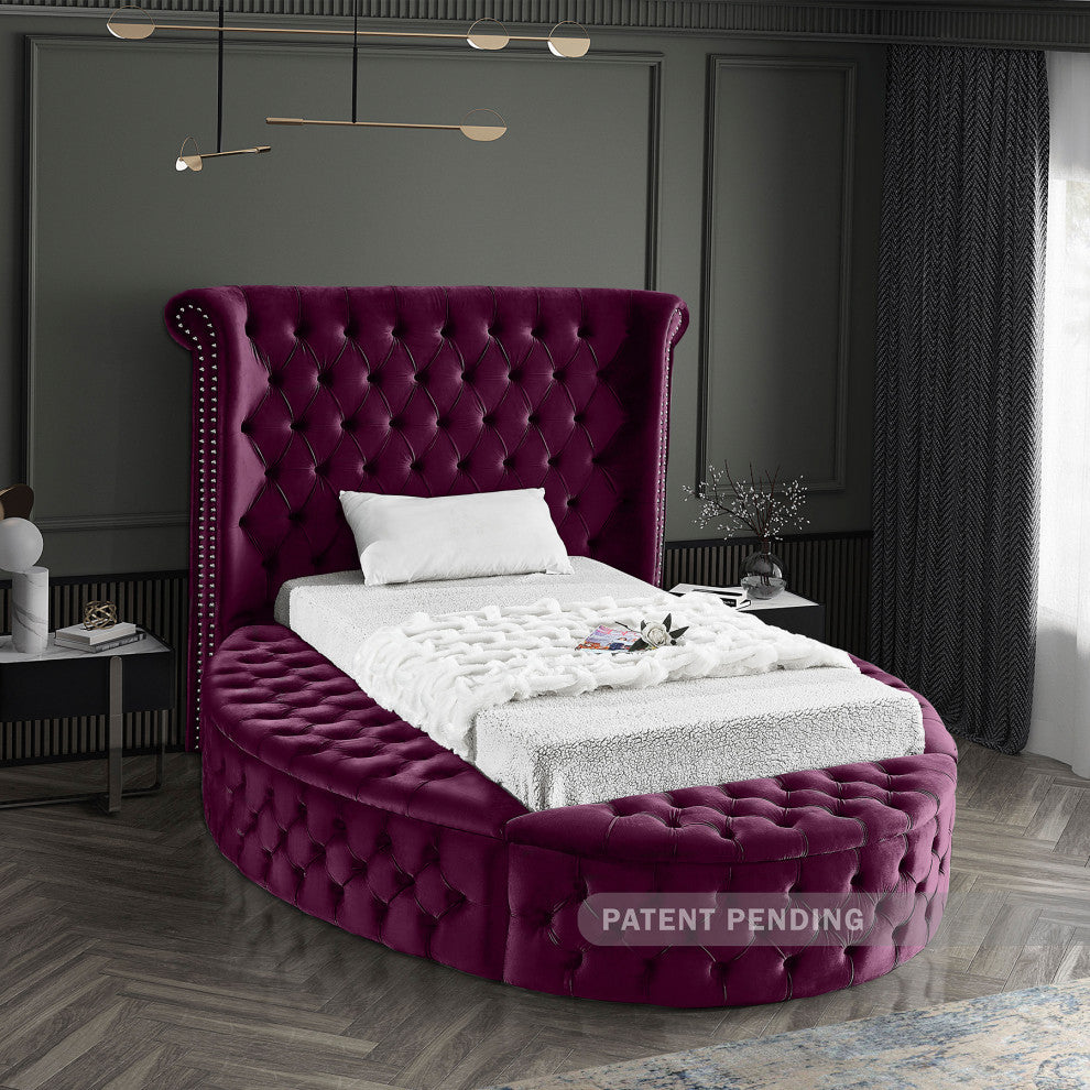 Luxus Button Tufted Velvet Round Bed, Purple, Twin