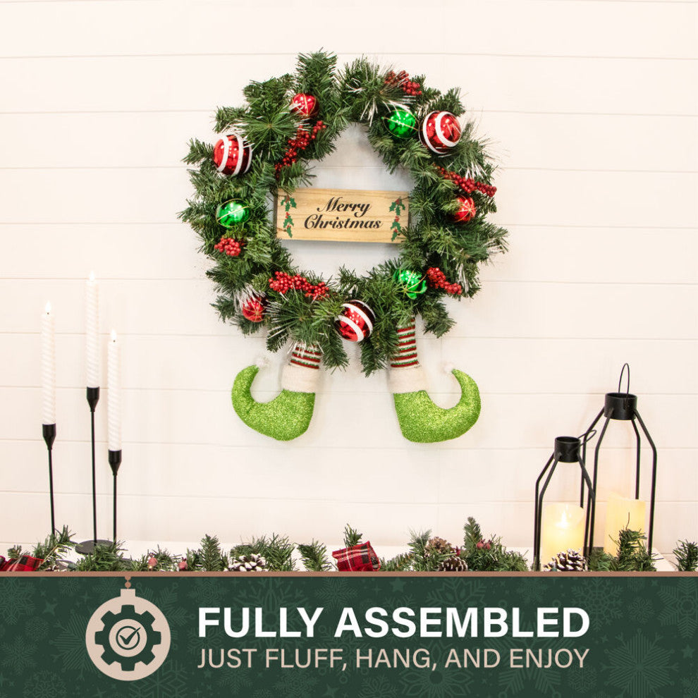 24" Elf Boots Pine Wreath With Berries, Balls, and Merry Xmas Sign