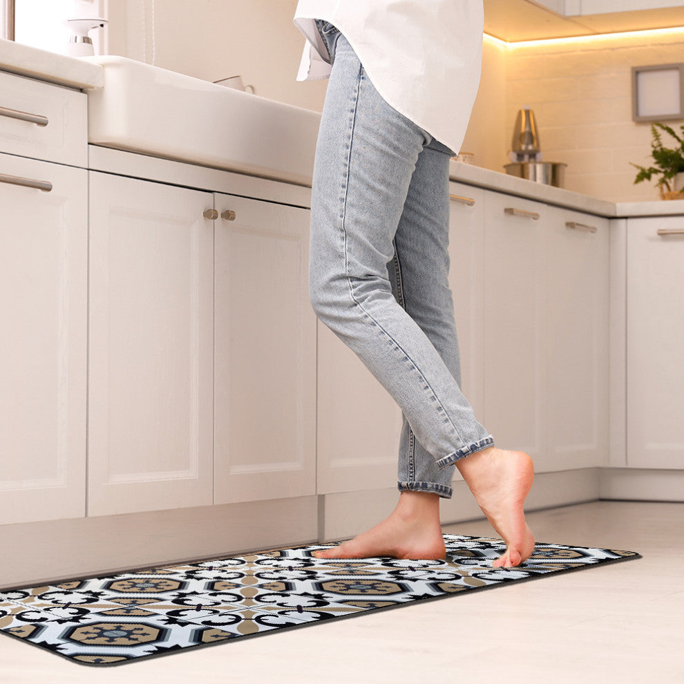 Carmen Printed Kitchen Runner Mat 47" x 20" White and Beige Tile Design