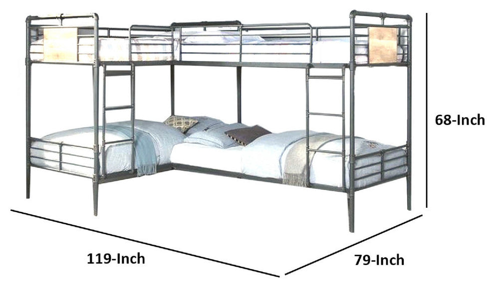 Benzara BM266442 Twin over Twin Bunk Bed With Guard Rails, Black and Dark Bronze