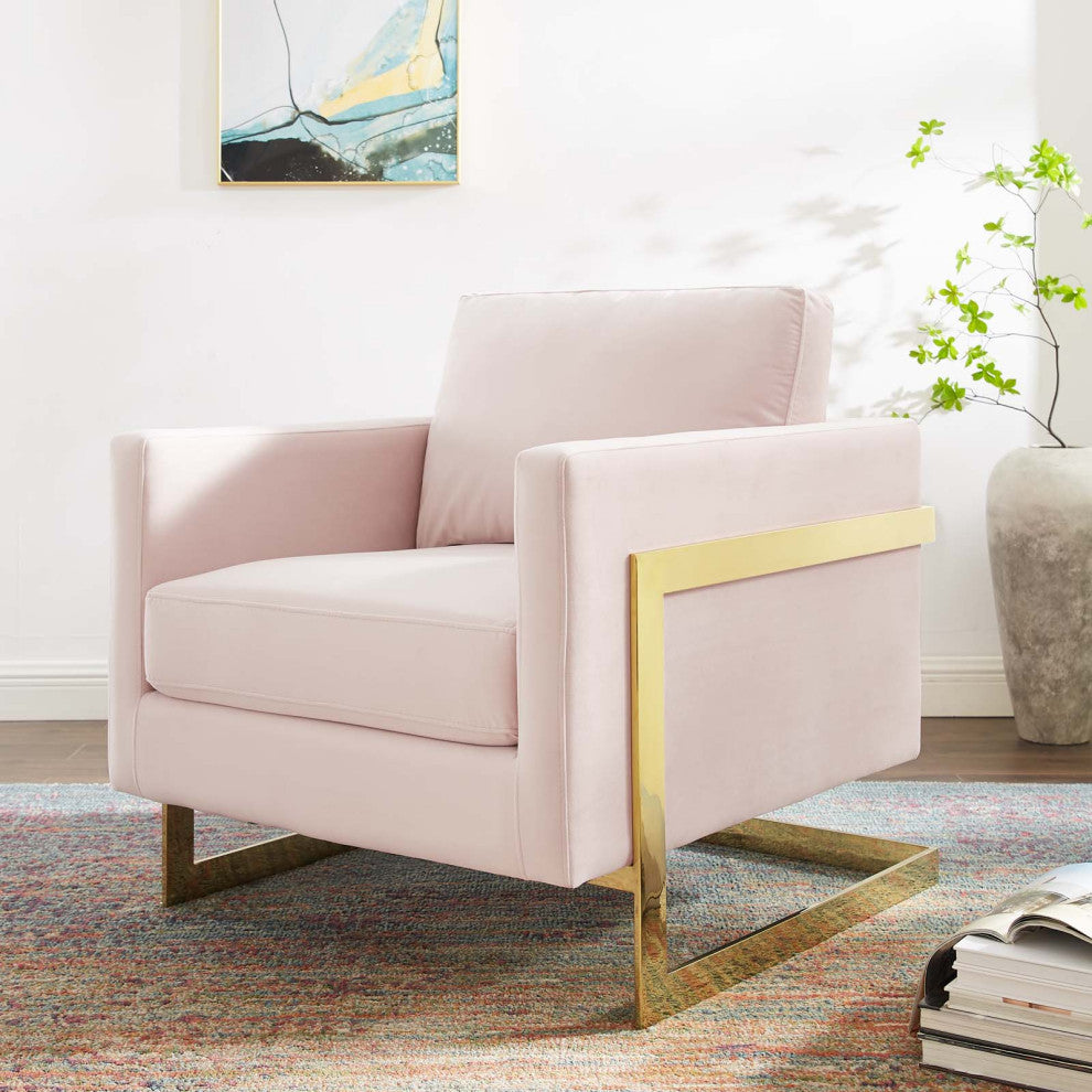 Accent Chair, Velvet, Metal, Gold Pink, Modern, Living Lounge Hotel Hospitality