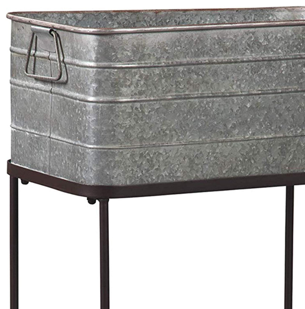 Benzara BM193778 Metal Beverage Tub with Stand & Open Grid Shelf, Gray/Black