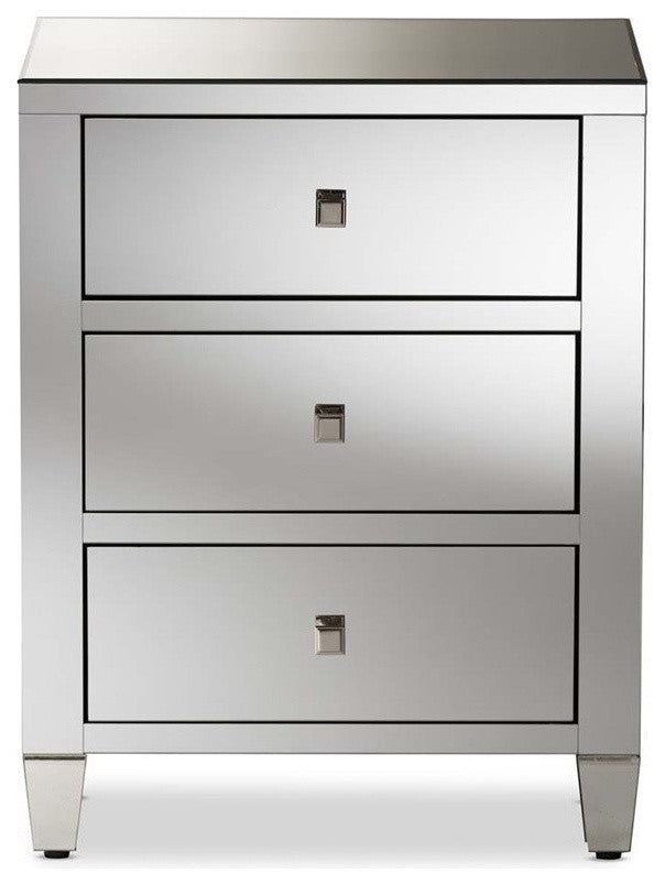 Rosalind HollyWood Regency Glamour Style Mirrored 3-Drawer Nightstand, Set of 2