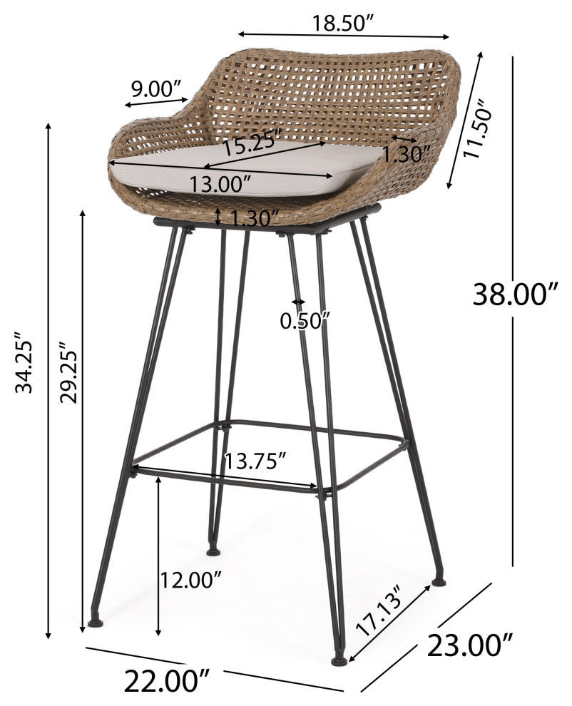 Pondway Outdoor Wicker/Iron Barstools, Set of 2, Beige/Light Brown/Black