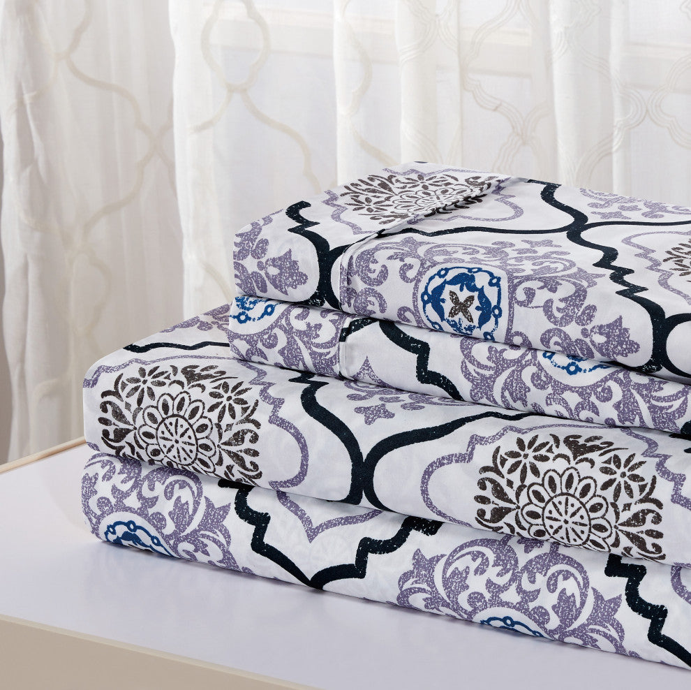 Bibb Home 4 Piece Printed Microfiber Sheet Set, Lilac Medallion, Twin