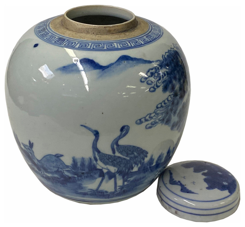 Hand-paint Longevity Crane Graphic Blue White Porcelain Ginger Jar Hws1749