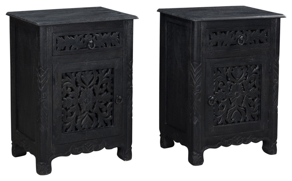 Delaney Carved 1 Door Nightstand, Distressed Black, Right