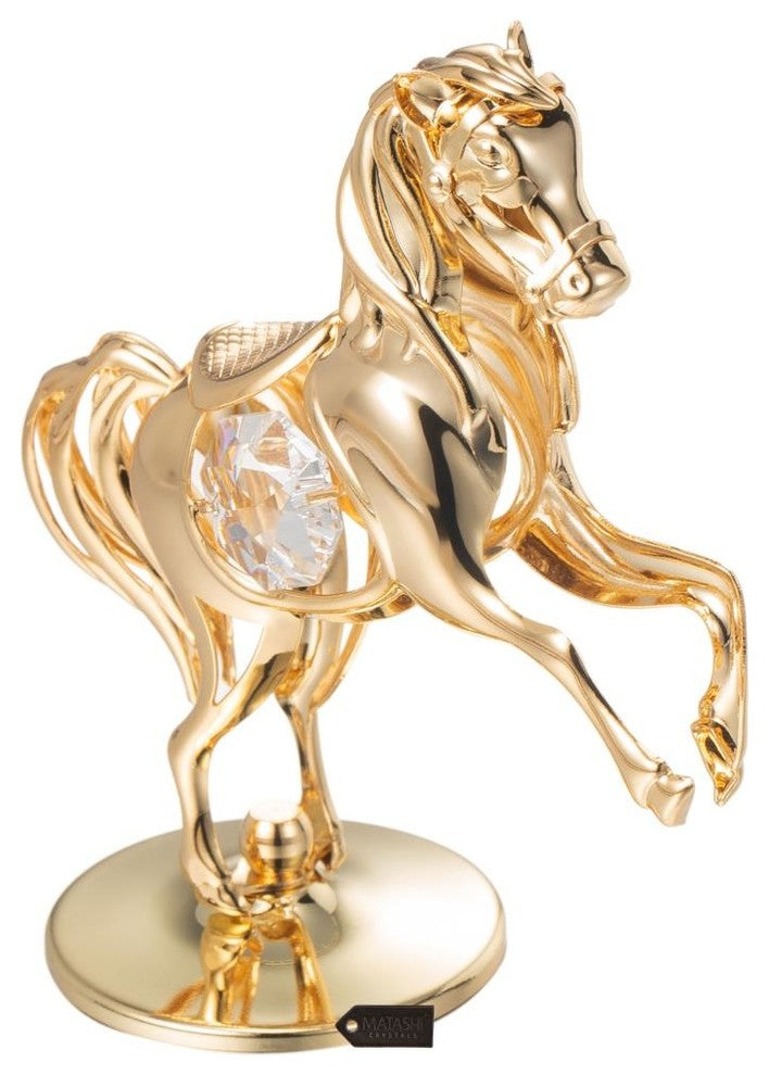 24K Gold Plated Crystal Studded Horse On a Pedestal Ornament