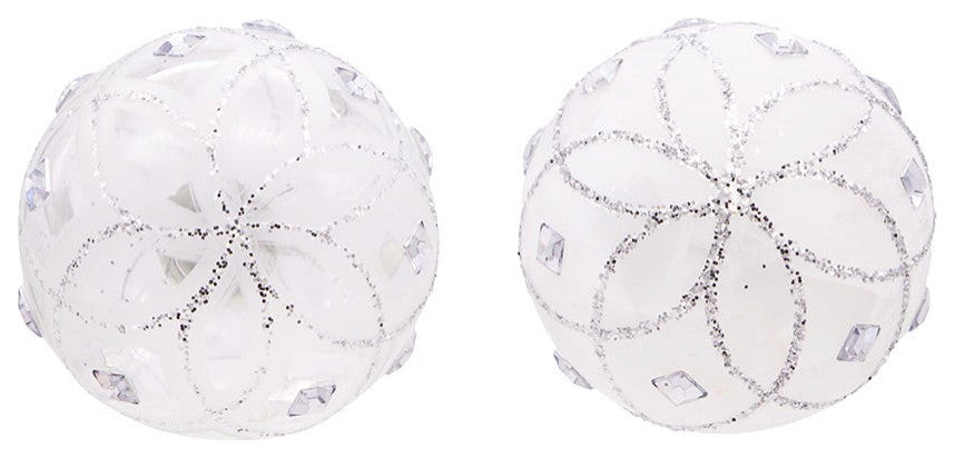 Kurt Adler 80MM Jeweled Clear Feather White Ball Ornaments, 6 Piece Set