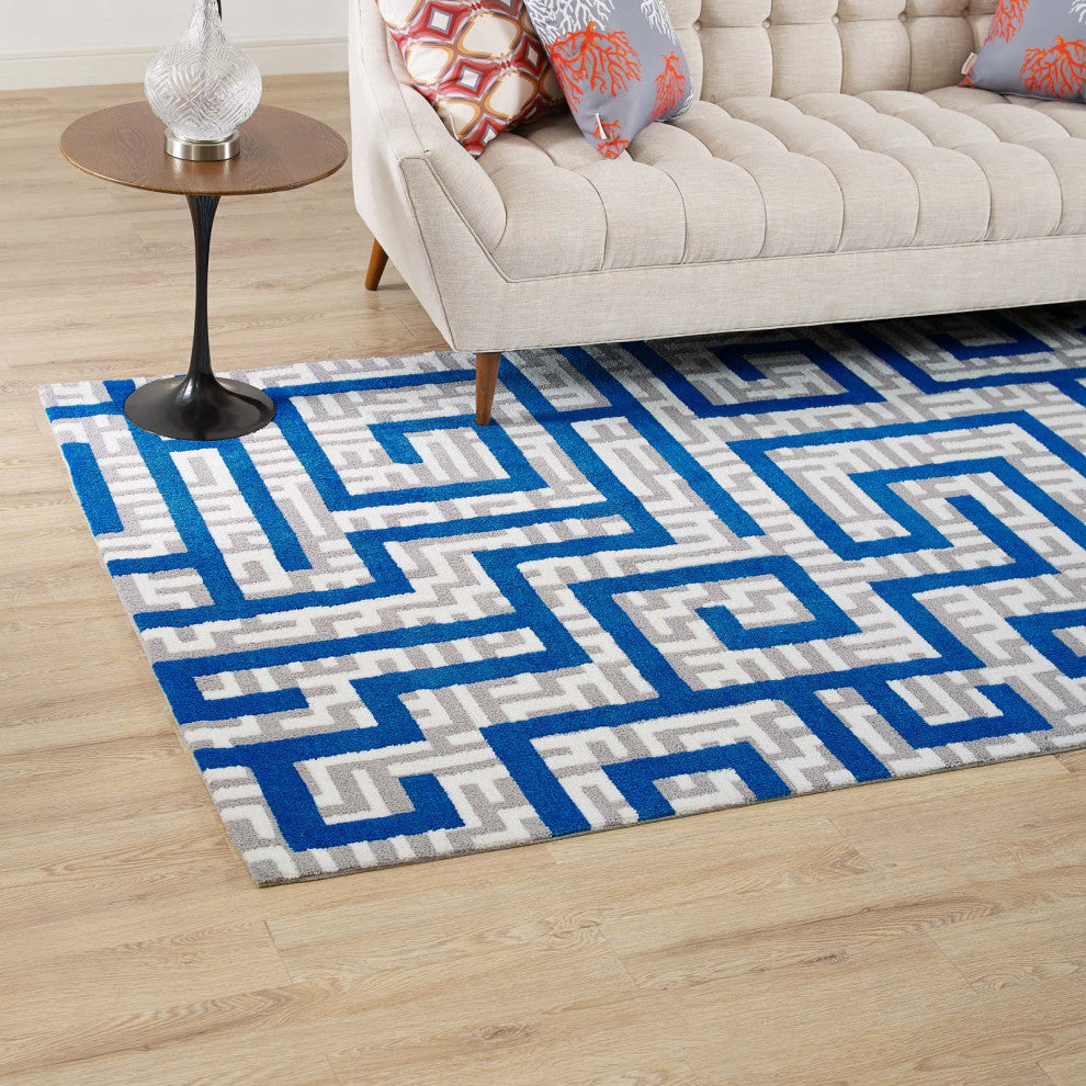 Ivory, Light Gray and Blue Nahia Geometric Maze 5x8 Area Rug