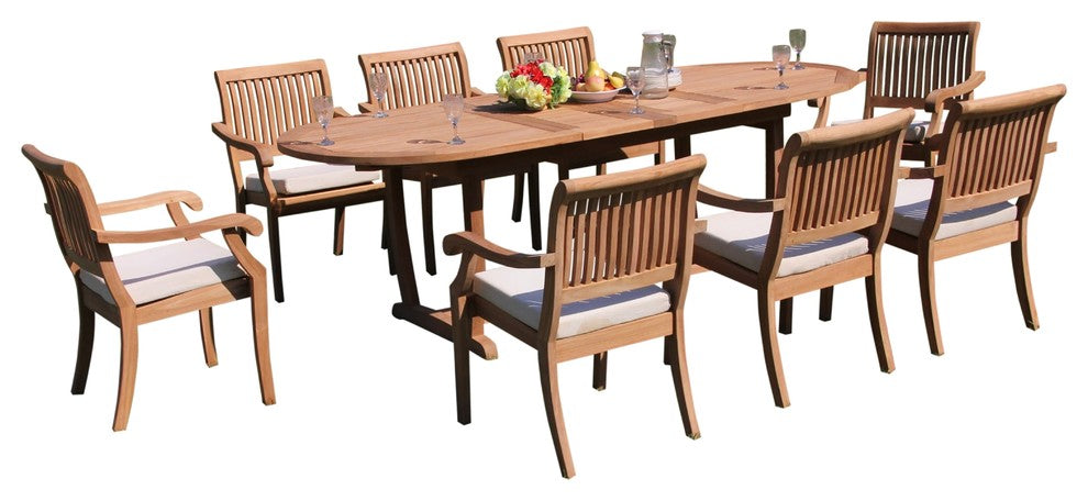 7-Piece Outdoor Teak Dining Set 94" Masc Oval Table, 6 Arbor Stacking Arm Chairs