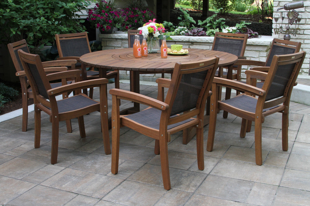 9-Piece Eucalyptus Round Lazy Susan Dining set With 8 Stacking Sling Armchairs