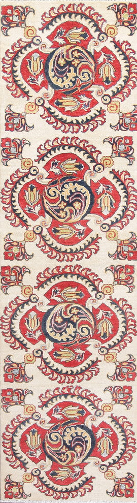 Hand Made Oriental Pakistani Traditional Kazak Runner Rug, Beige, 9'7"X2'10"