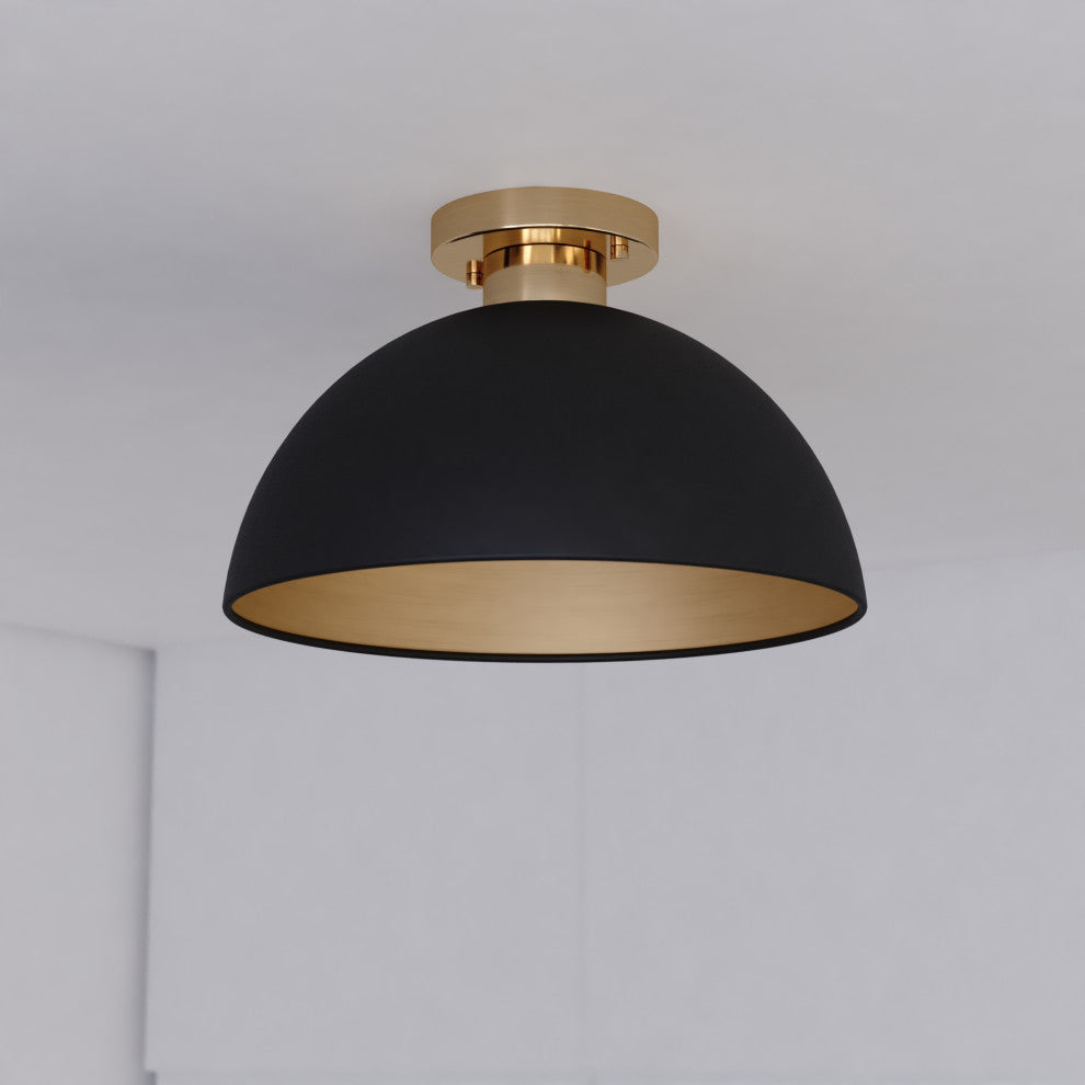 Devon Mid-Century Modern Semi Flush Mount Ceiling Light, Matte Black and Satin Brass