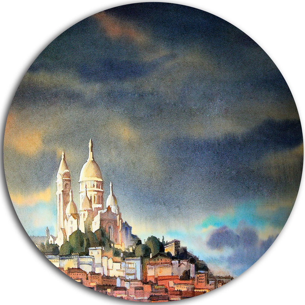 Montmartre Skyline, Watercolor Painting Round Metal Wall Art, 11"