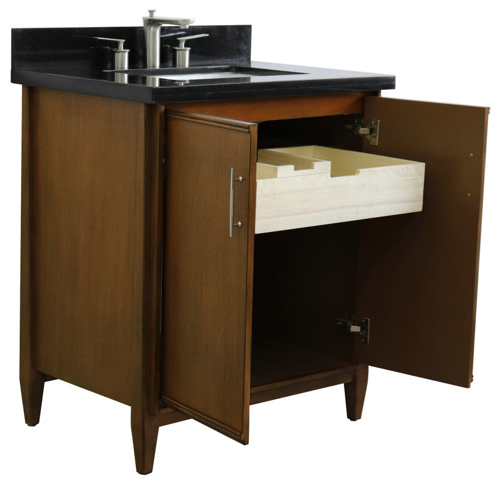 31" Single Sink Vanity, Walnut Finish With Black Galaxy Granite