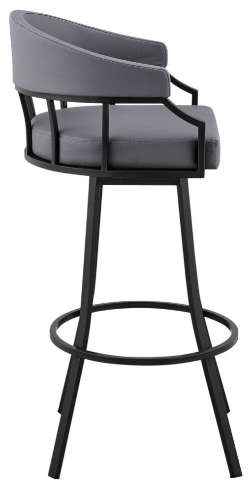 Valerie Swivel Brown Faux Leather and Java Brown Metal Bar Stool, Gray/Black, Bar Height