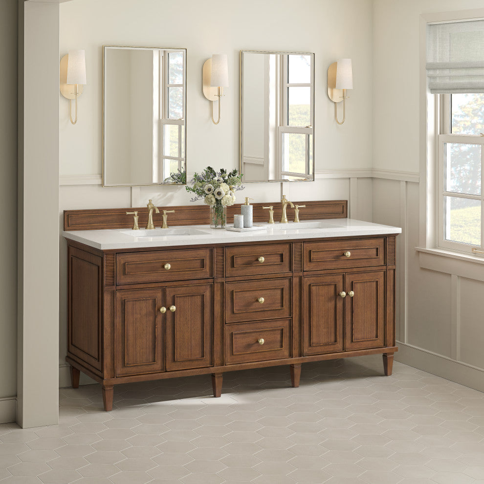 Lorelai 72"Double Vanity, Mid-Century Walnut, 3 CM White Zeus Top