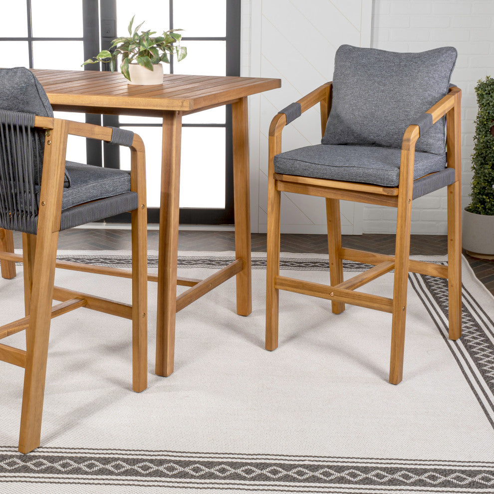 Modern Tub Roped Acacia Wood Outdoor Bar Stool With Cushions, Armrests, Set of 2