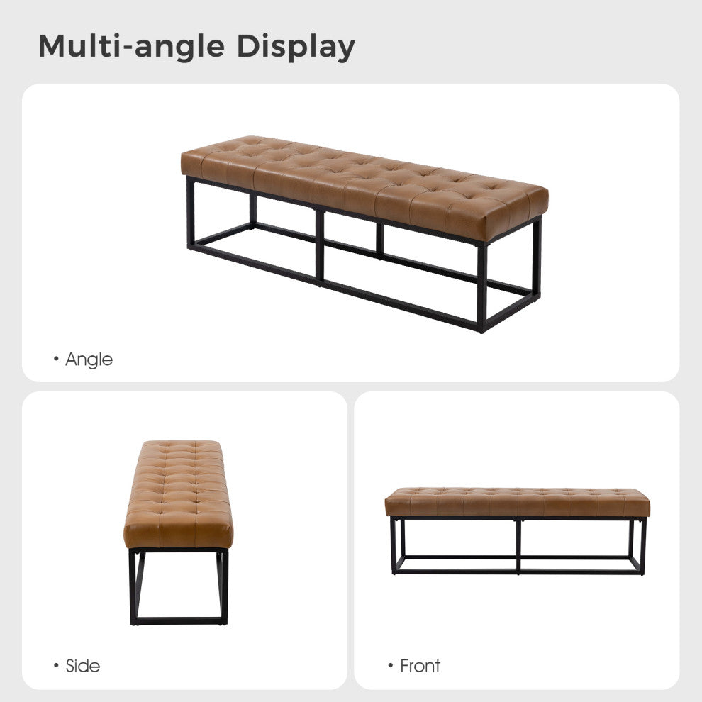 60"W Genuine Leather Bedroom Bench, Camel