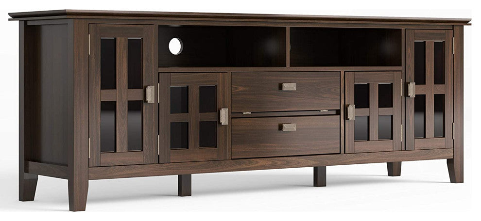 Contemporary TV Stand, Storage Glass Doors and Open Compartments, Tobacco Brown