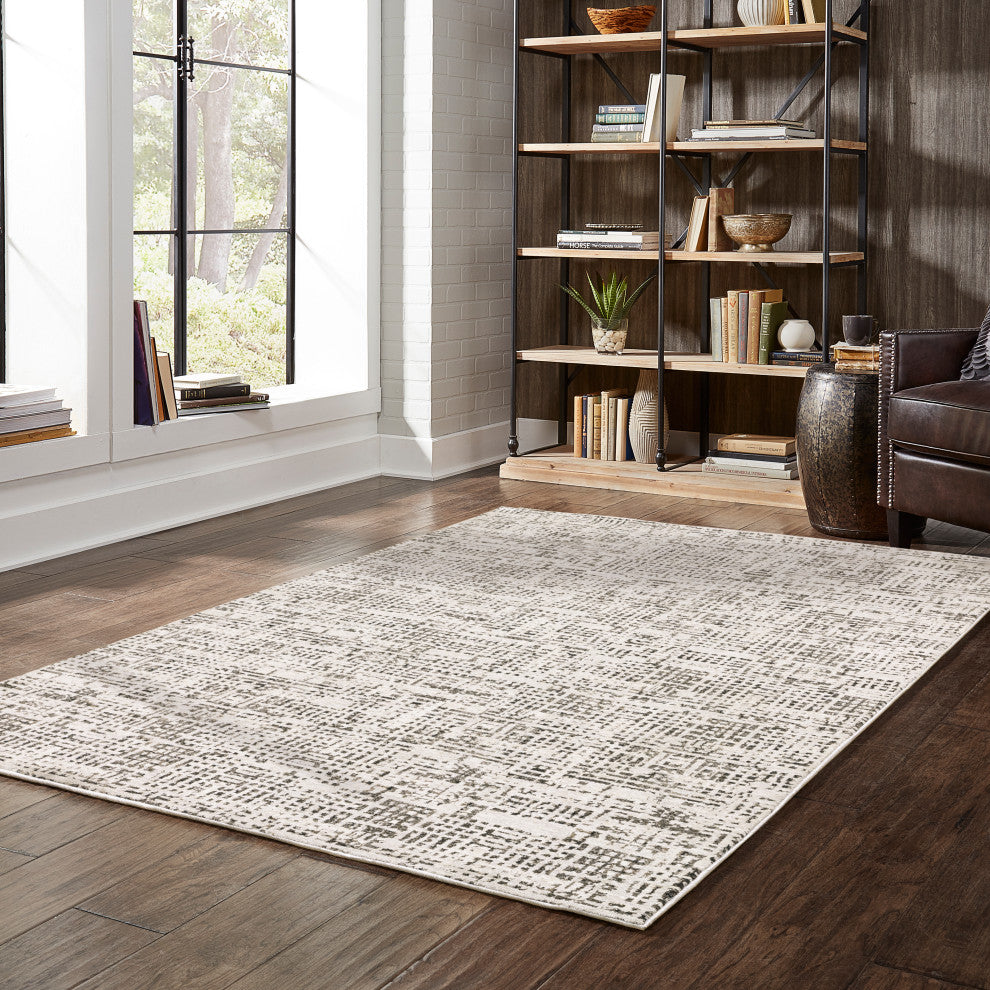 Noble Abstract Gridwork Ivory/ Grey Indoor Area Rug, Ivory, 3'3"x5'