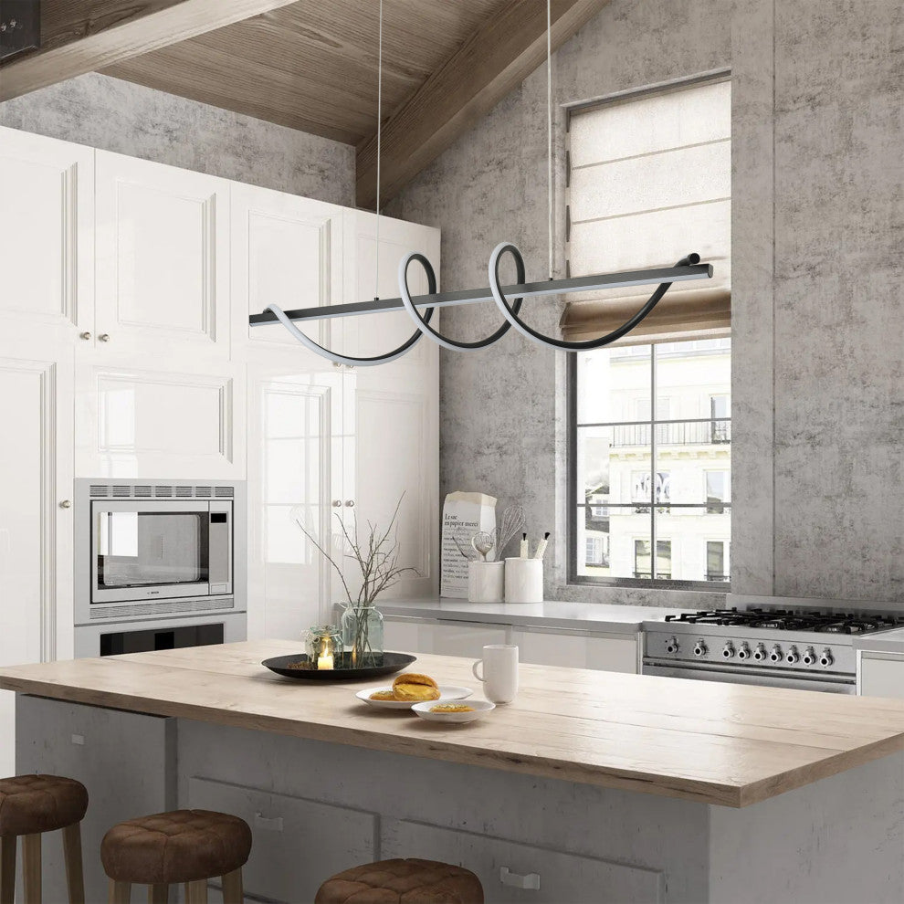 Modern Linear Wave Shape LED Pendant Lighting for Kitchen Island, Black