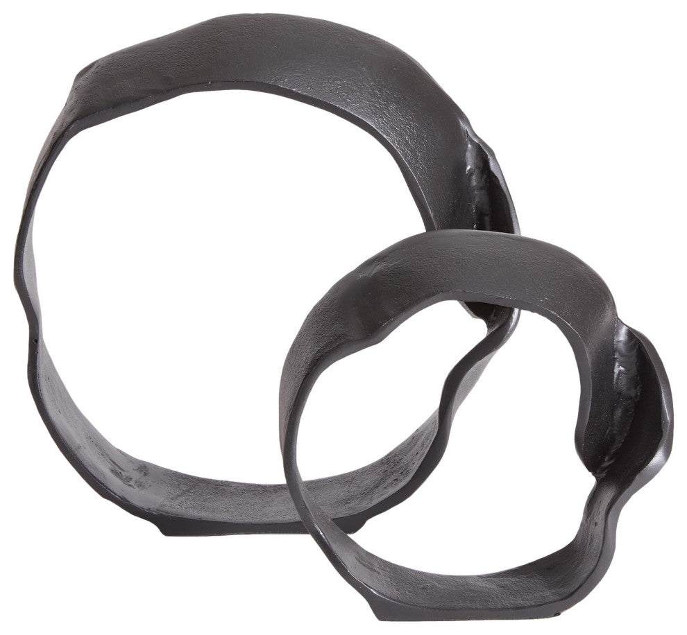 Set of 2 Modern Abstract Round Ring Circle Sculpture Black Metal Organic Shape