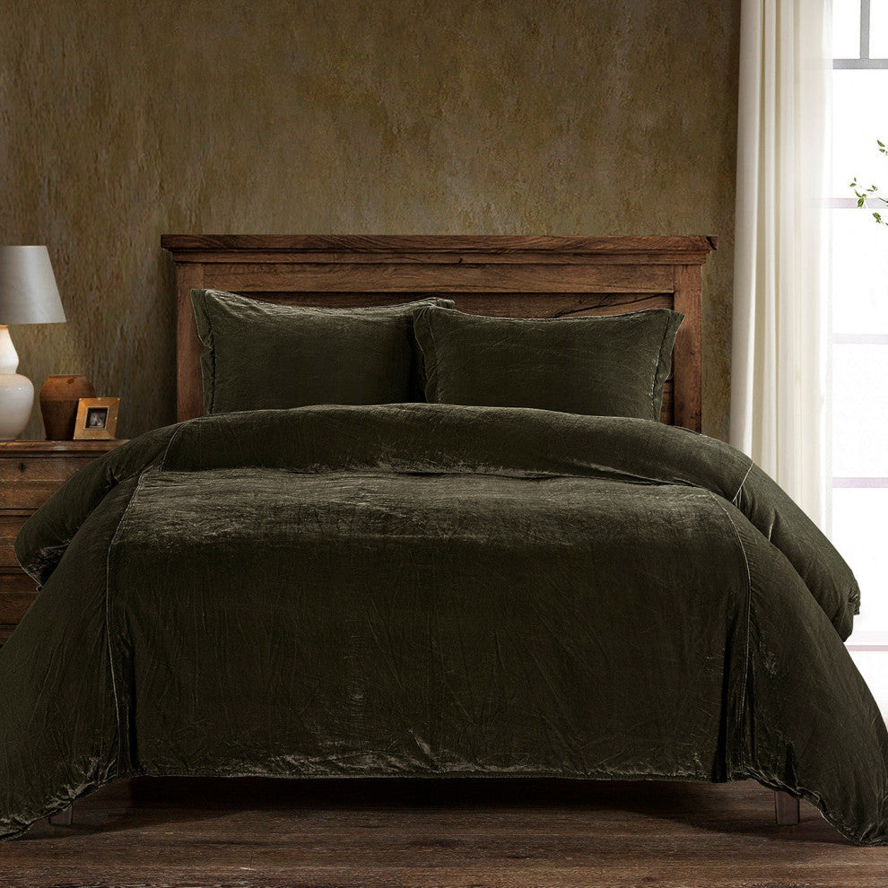 Stella Faux Silk Velvet Duvet Cover Set, 3PC, Fern Green, Queen