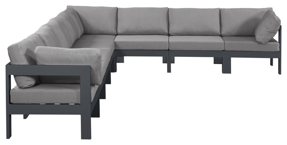 Nizuc Water Resistant Patio L-Shaped Modular Sectional, Gray, 8-Piece: 5 Armless Chair, 3 Corner Chair, Dark Gray Aluminum Frame