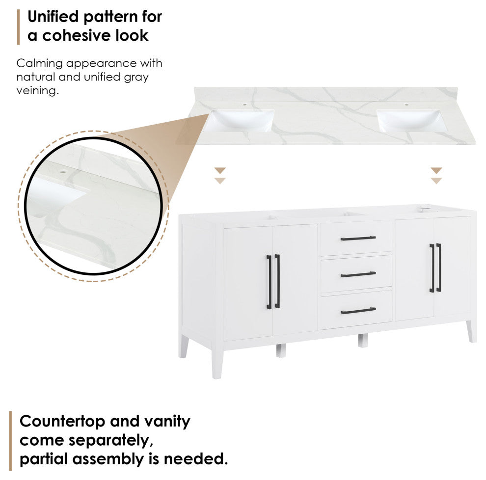 Laurel Bathroom Vanity with Calacatta White Quartz Stone Countertop, White, 72", Without Mirror