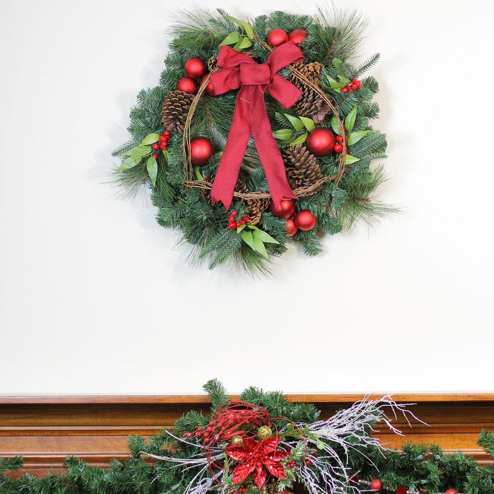 Pine, Red Ball Ornaments and Pine Cones Artificial Christmas Wreath, Unlit