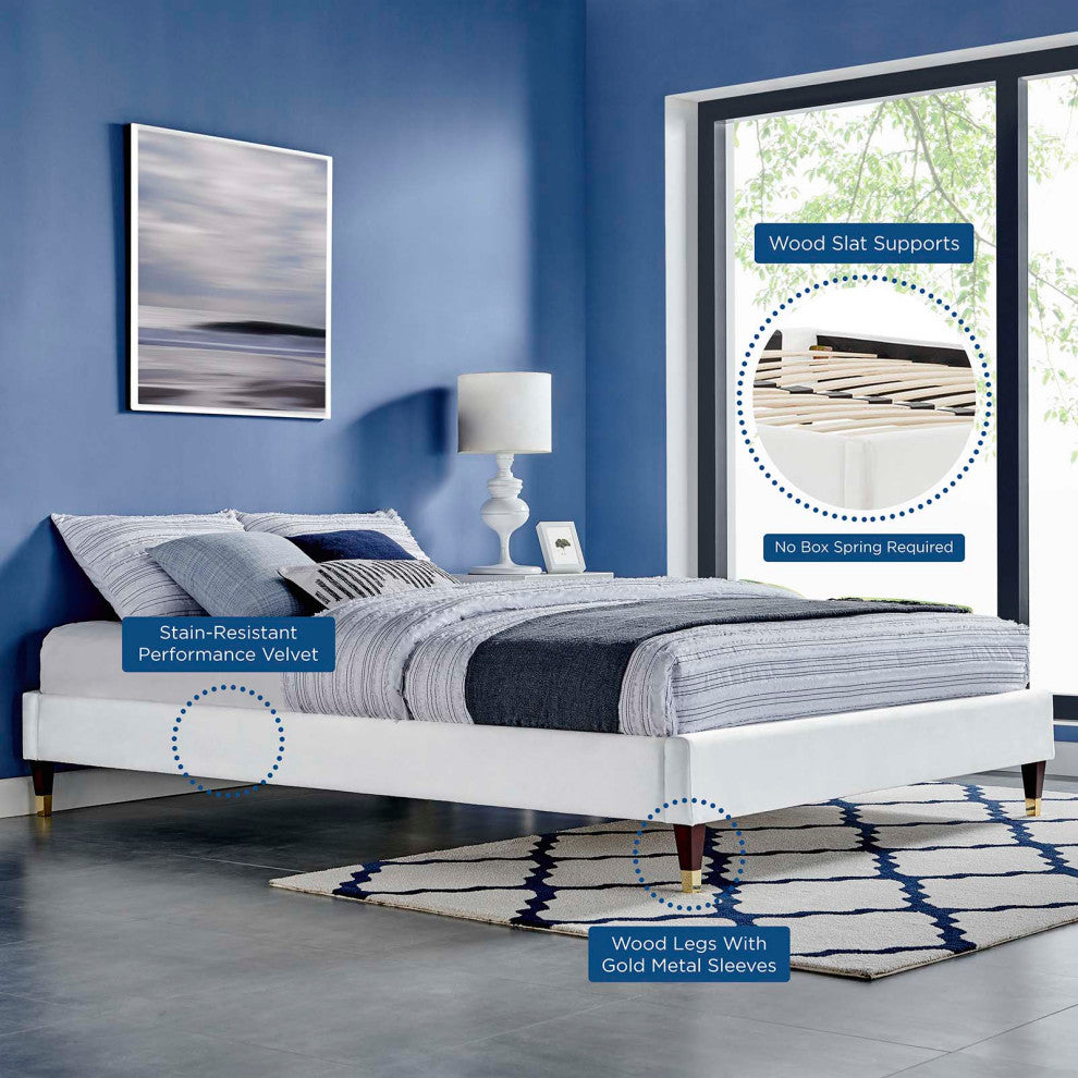 Harlow Queen Performance Velvet Platform Bed Frame White
