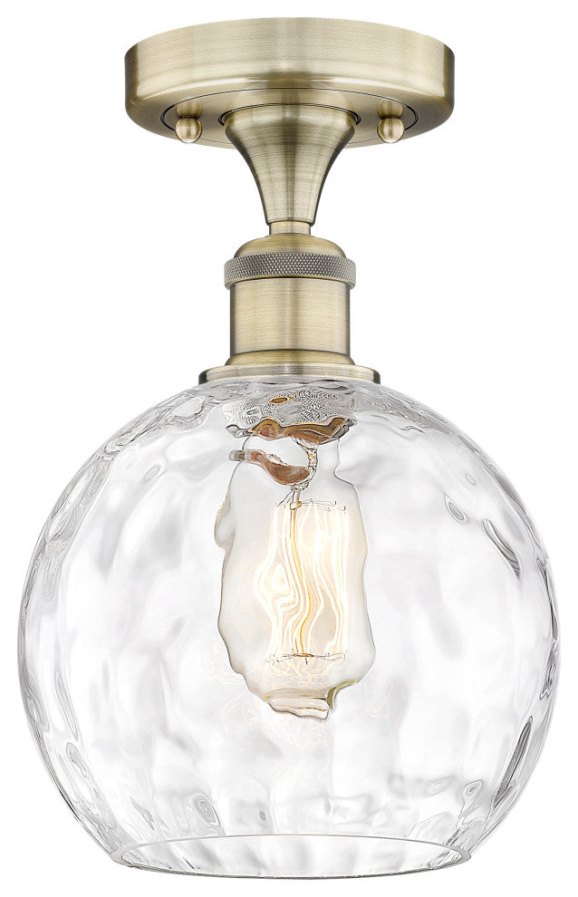 Athens-1 Light 8" Semi-Flush Mount-Antique Brass, Clear Water Glass Shade