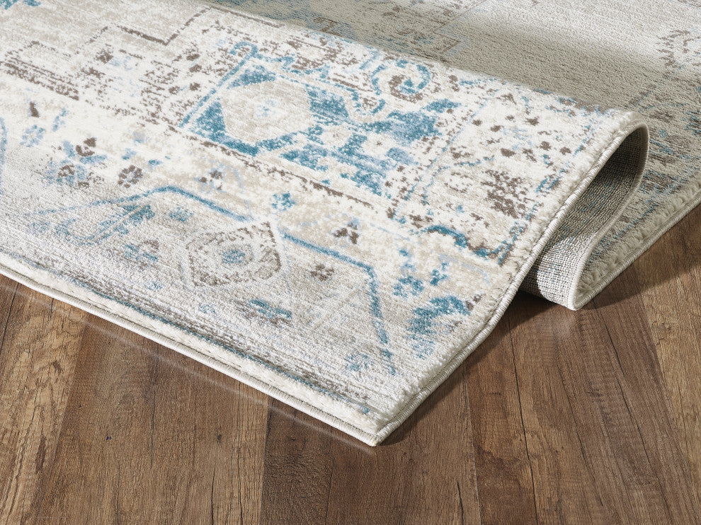 Abani Urbana URB120A Traditional Distressed Ivory and Light Blue Area Rug