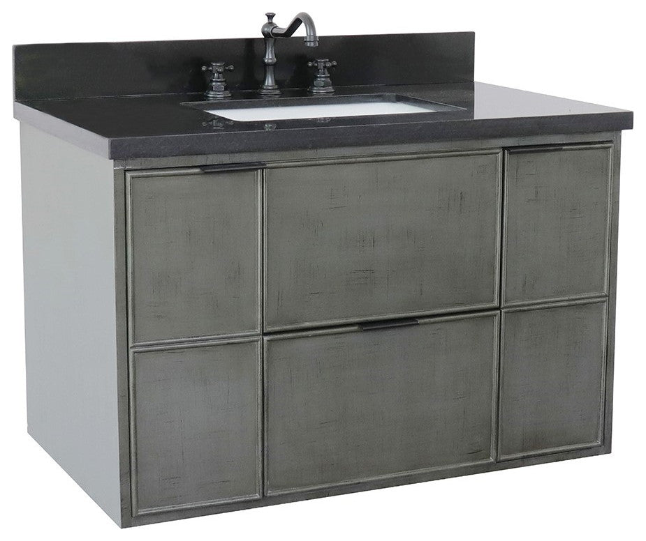 37" Single Wall Mount Vanity, Linen Gray Finish With Black Galaxy Top