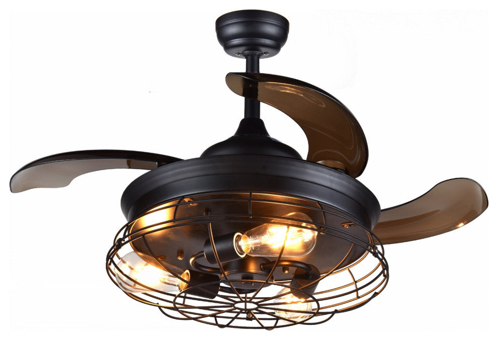 42" Vintage Industrial Ceiling Fan with Retractable Blades, Remote Control, Black
