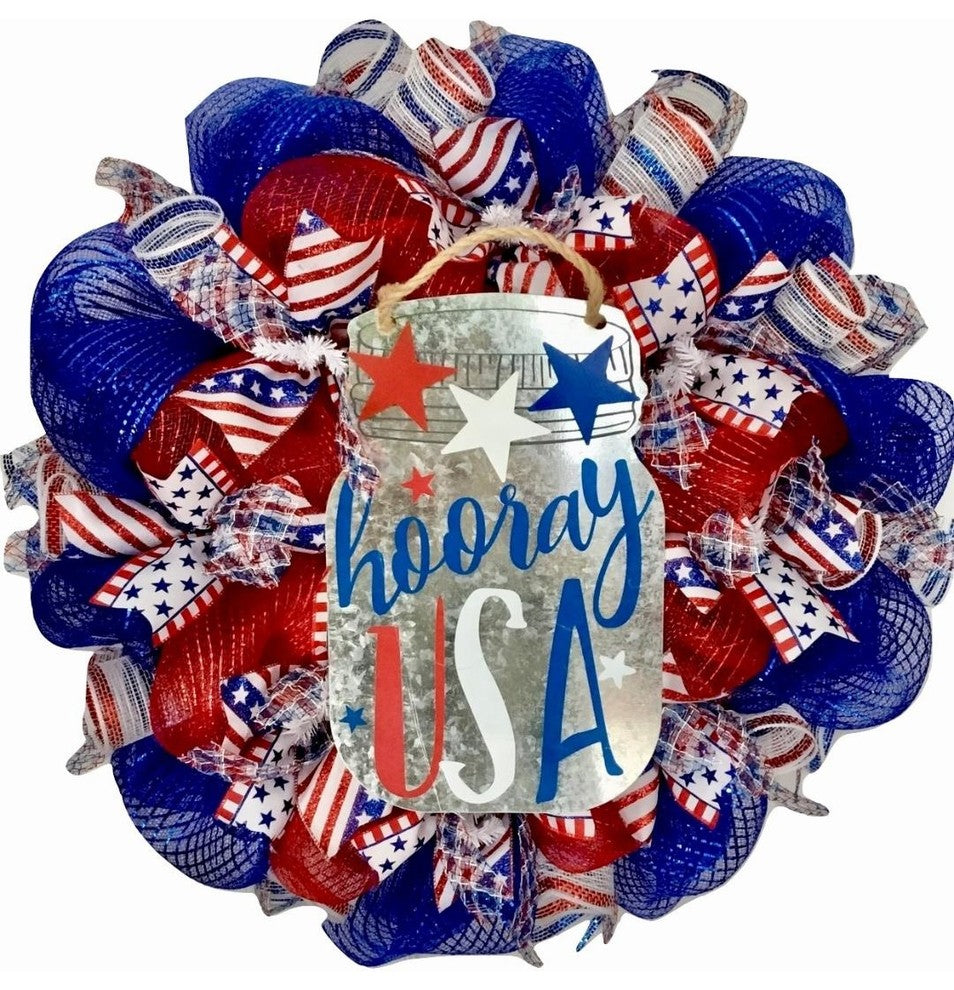 Hooray USA Patriotic Wreath Handmade Deco Mesh