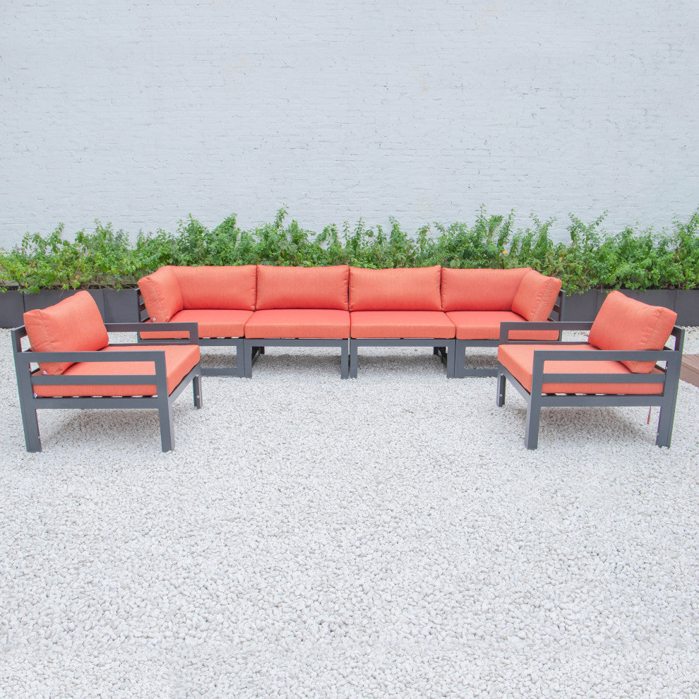 LeisureMod Chelsea 6-Piece Patio Armchair Sectional Black Aluminum, Orange