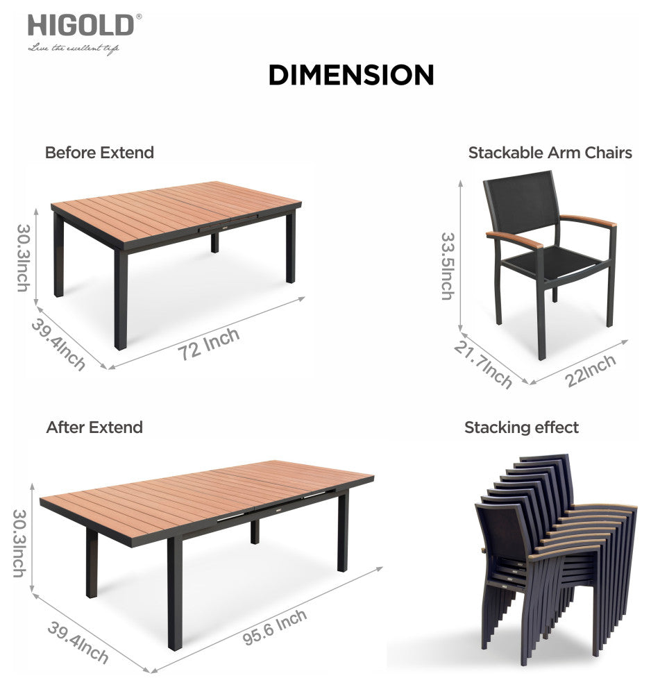 Carlo Extend Imitated Wood Outdoor Dining Set for 8, Patio Party Furniture