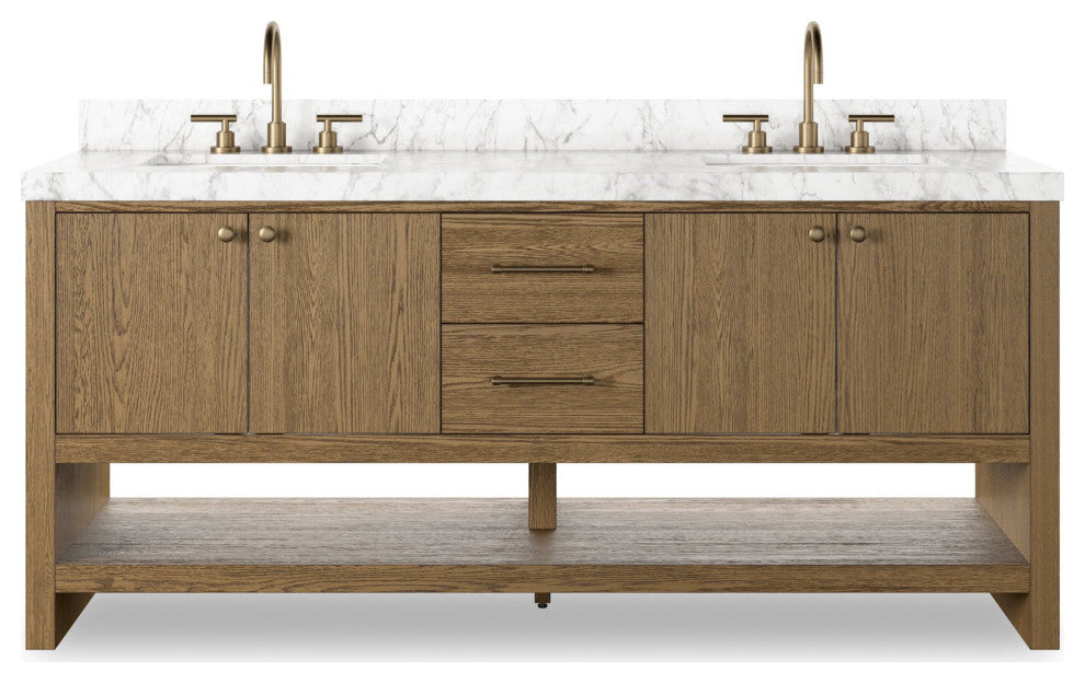 Anthem Double Vanity 72", Carrara Marble, Washed Natural, Brushed Brass