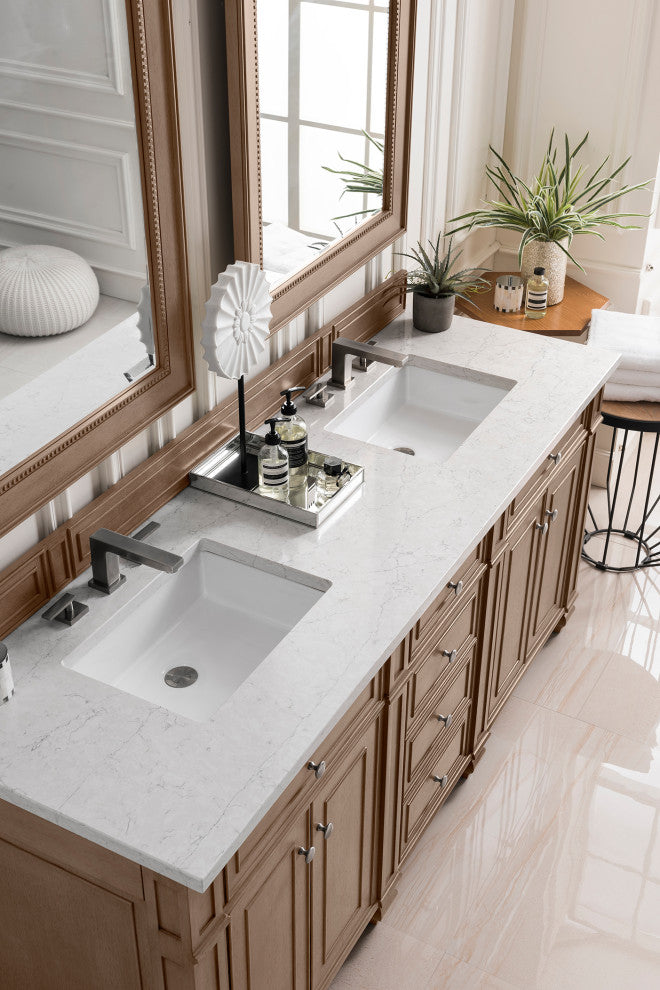 Bristol 72" Double Vanity Bright White, Whitewashed Walnut, Eternal Jasmine Pearl, Three-Hole