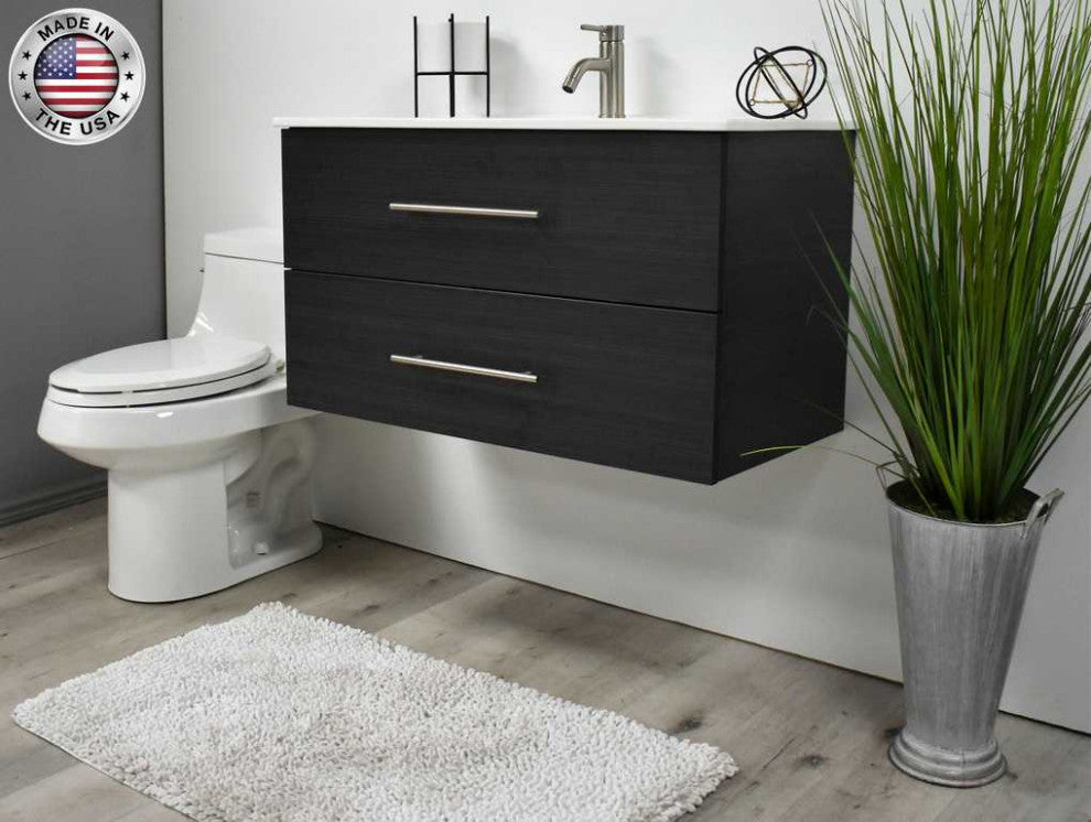 Napa 36" Modern Floating Bathroom Vanity With Ceramic Top and Round Handles, Black Ash