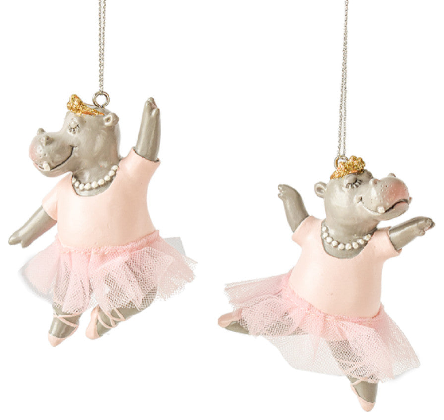 Hippo Ballerinas in Pink Tutus Christmas Holiday Ornaments Set of 2