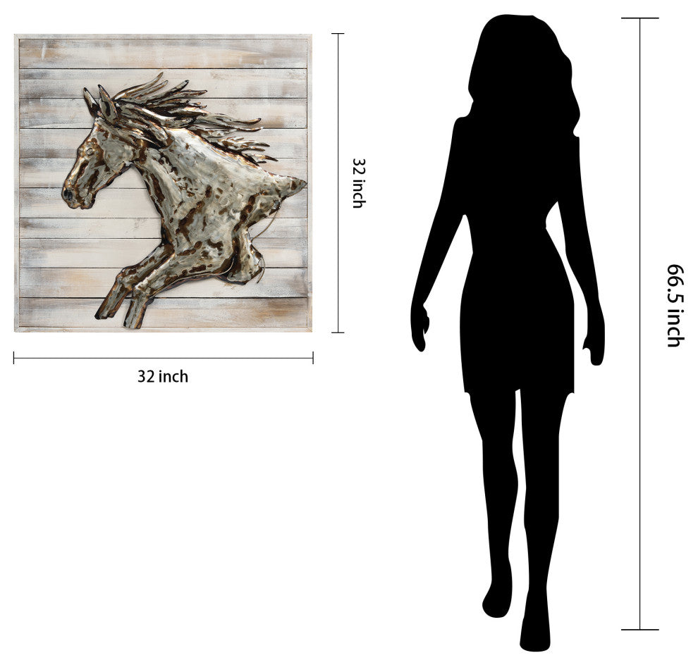 "Golden Horse" Metallic Hand Painted Wall Art on Rugged Wooden Blocks Wall 32x32