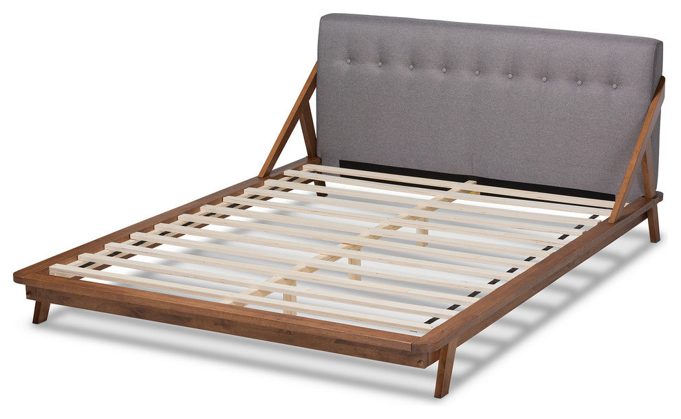 Amias Mid-Century Modern Gray Fabric Upholstered Wood King Platform Bed