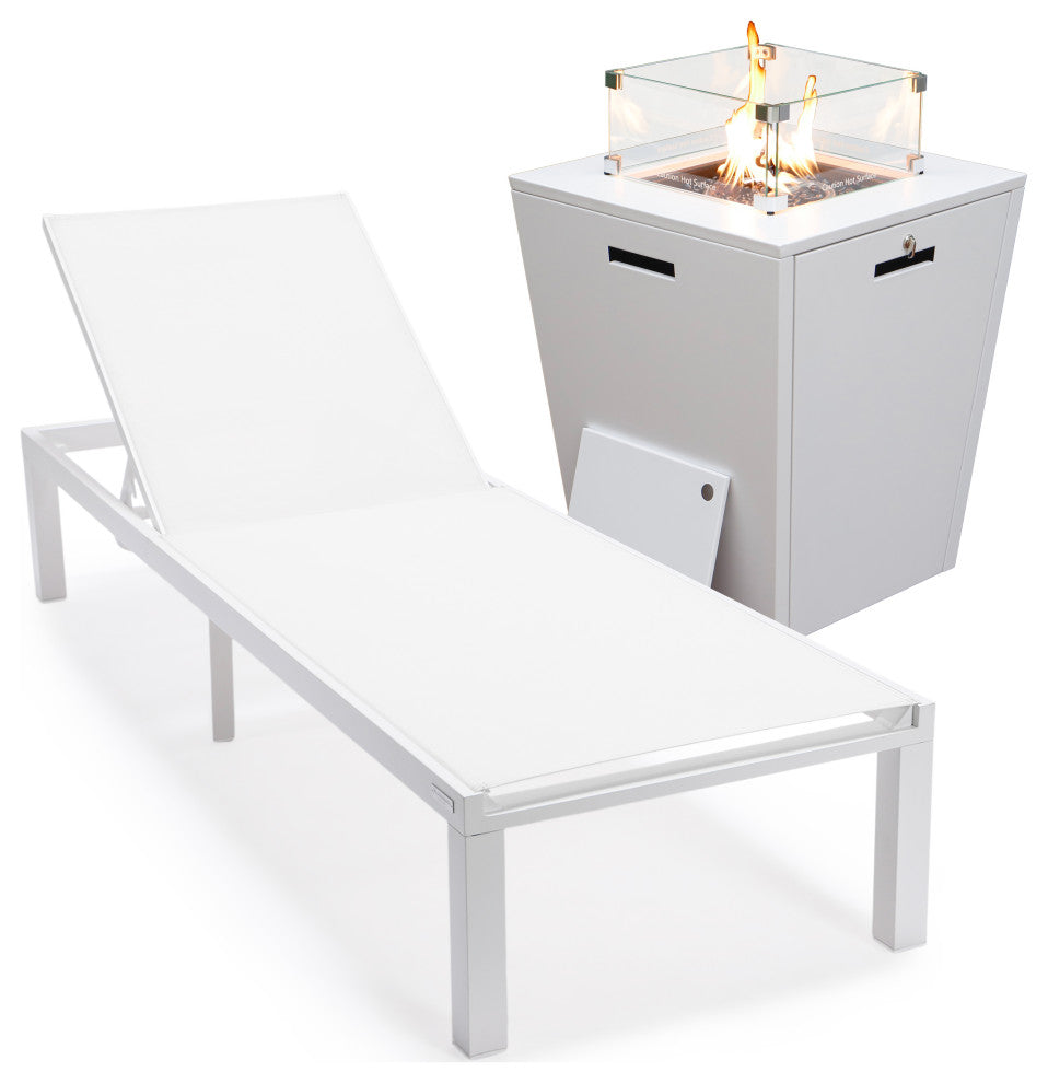 LeisureMod Marlin White Patio Chaise Lounge Chair with Fire Pit Table, White