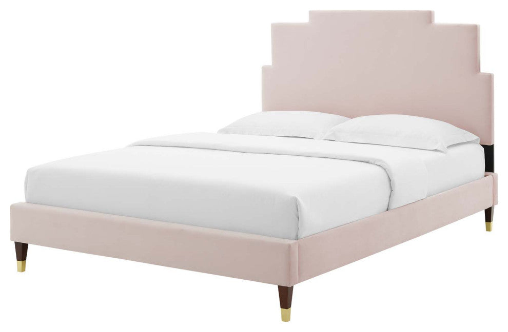 Platform Bed Frame, Full Size, Velvet, Pink, Modern Contemporary, Bedroom Master